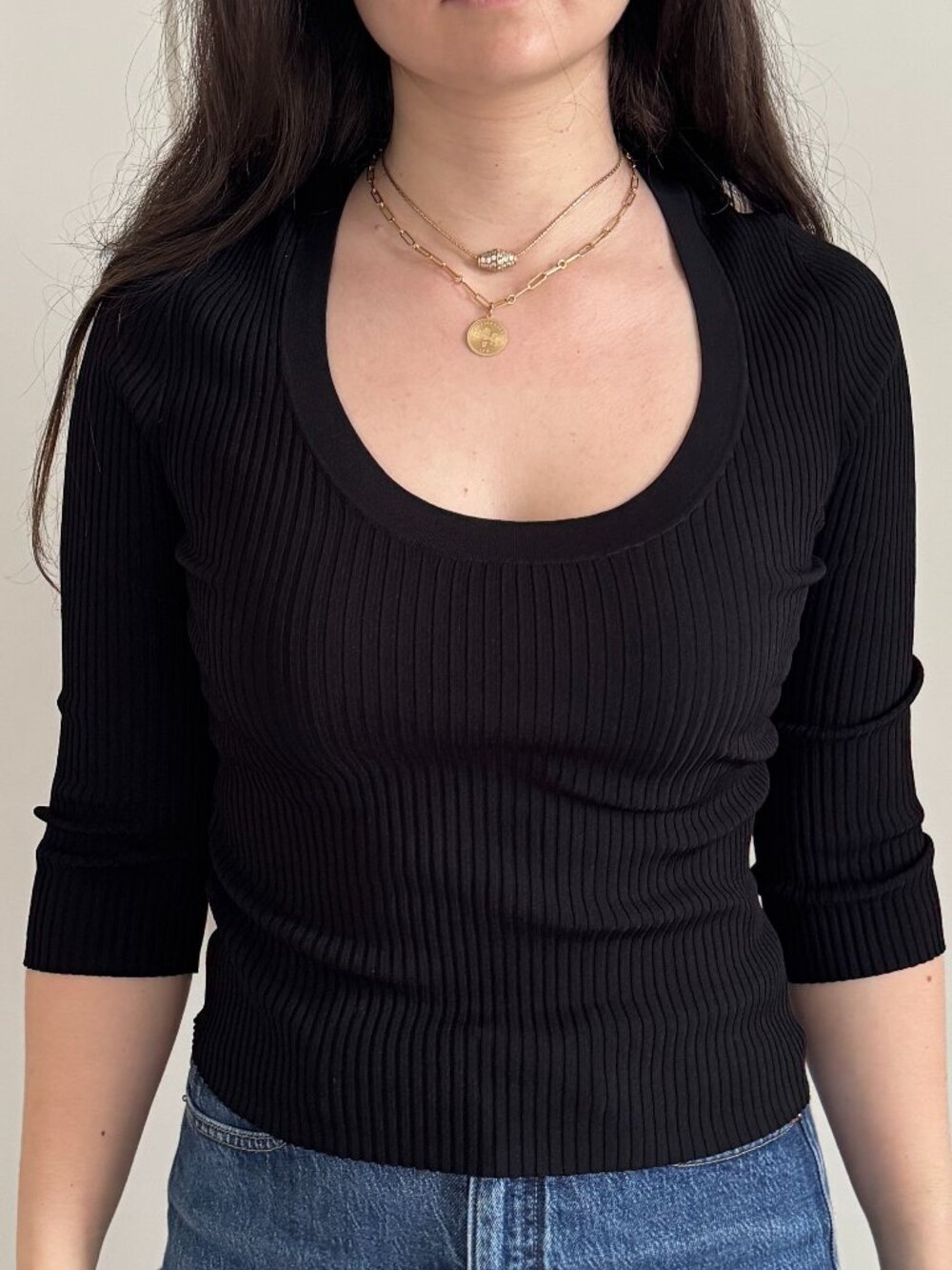 A.L.C. Black Ribbed Knit Cropped Sweater 3/4 Sleeve M